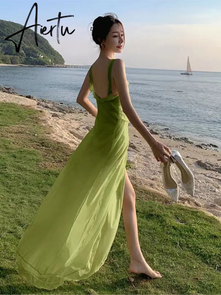 Sling Party Ruffle Holiday Dresses Women Spaghetti Strap Beach Long Dress Summer Slit Vintage Boho Vestido Aiertu