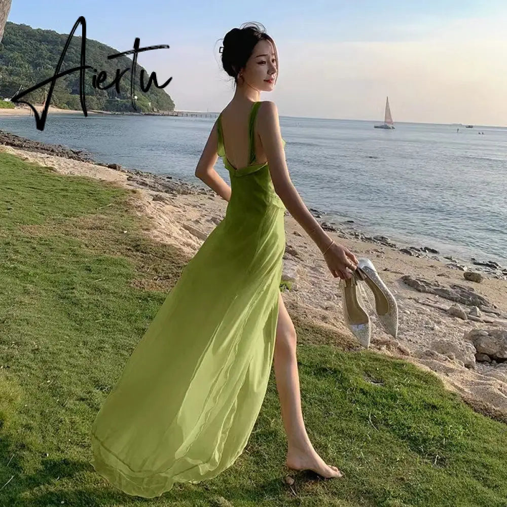 Sling Party Ruffle Holiday Dresses Women Spaghetti Strap Beach Long Dress Summer Slit Vintage Boho Vestido Aiertu