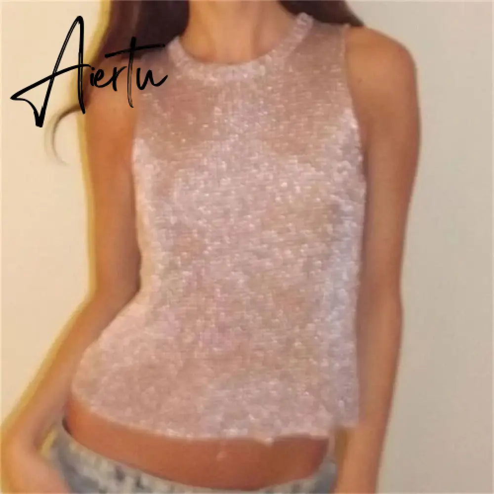 Sliver Women's Sleeveless Slim Fit Tank Tops Casual See-Through Top Vest Corect Sequin Scoop Neck Tank Top Glitter Outfits Aiertu