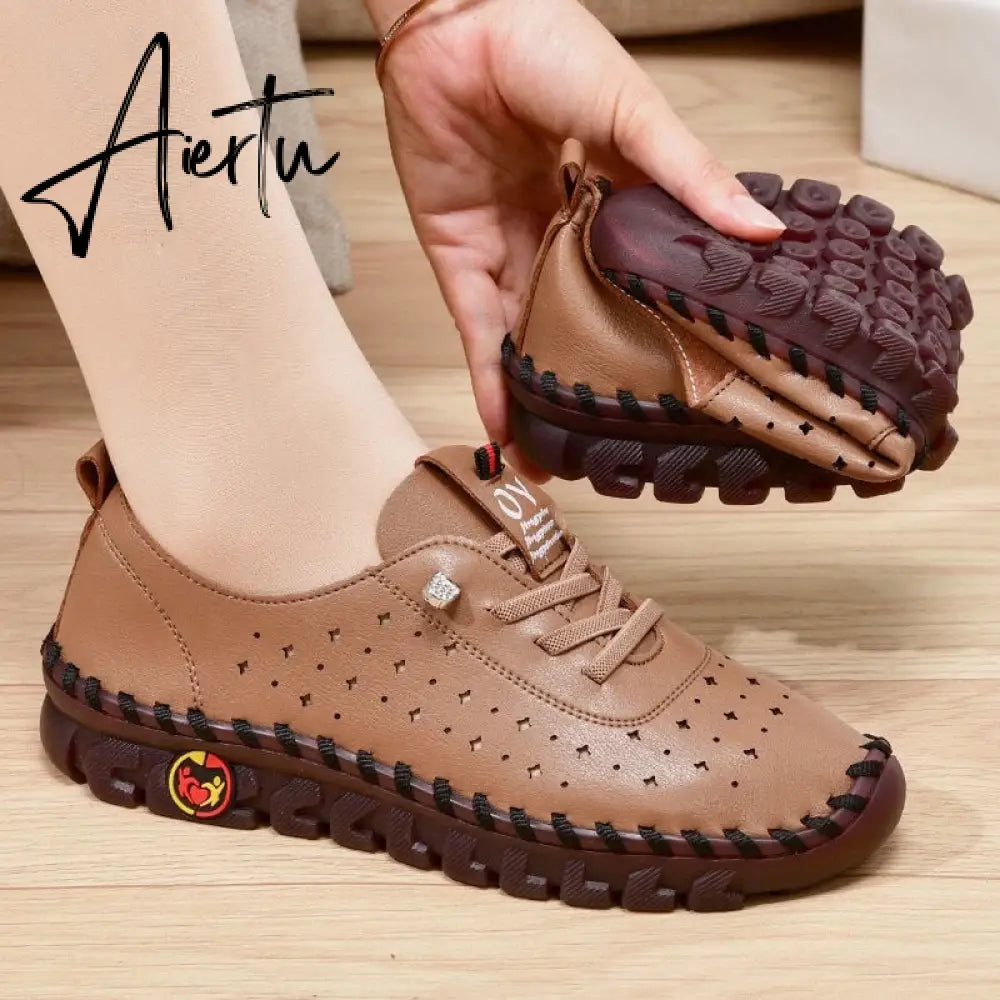 Sneakers Women Shoes Leather Loafers Shoes for Women Comfortable Slip on Shoes Hand Sewing Thread Mom Shoes Zapatillas De Mujer Aiertu
