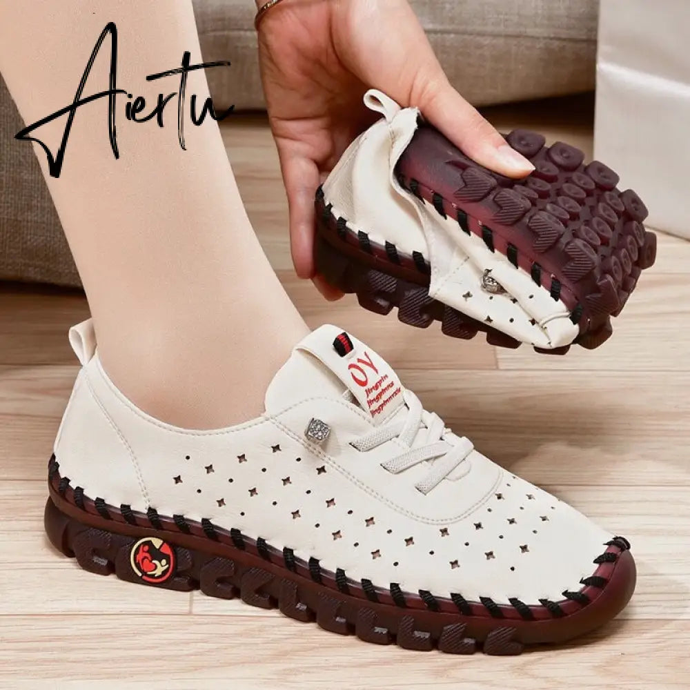 Sneakers Women Shoes Leather Loafers Shoes for Women Comfortable Slip on Shoes Hand Sewing Thread Mom Shoes Zapatillas De Mujer Aiertu