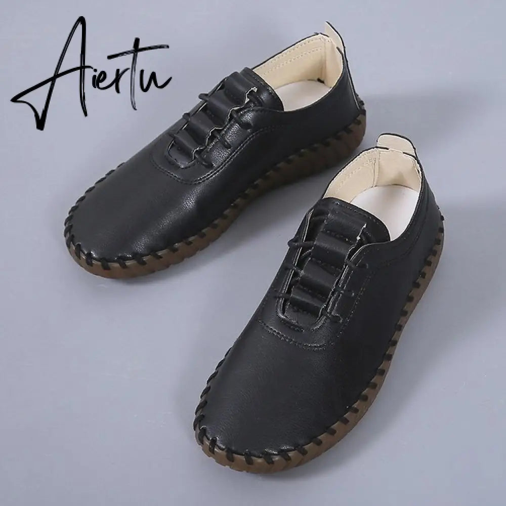 Soft Sole Hollow Single Shoes Women Vintage Leather Low Heels Casual Shoes Woman Outdoor Lace Up Non Slip Loafers Aiertu