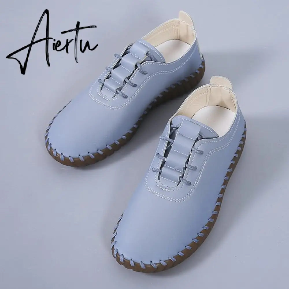 Soft Sole Hollow Single Shoes Women Vintage Leather Low Heels Casual Shoes Woman Outdoor Lace Up Non Slip Loafers Aiertu