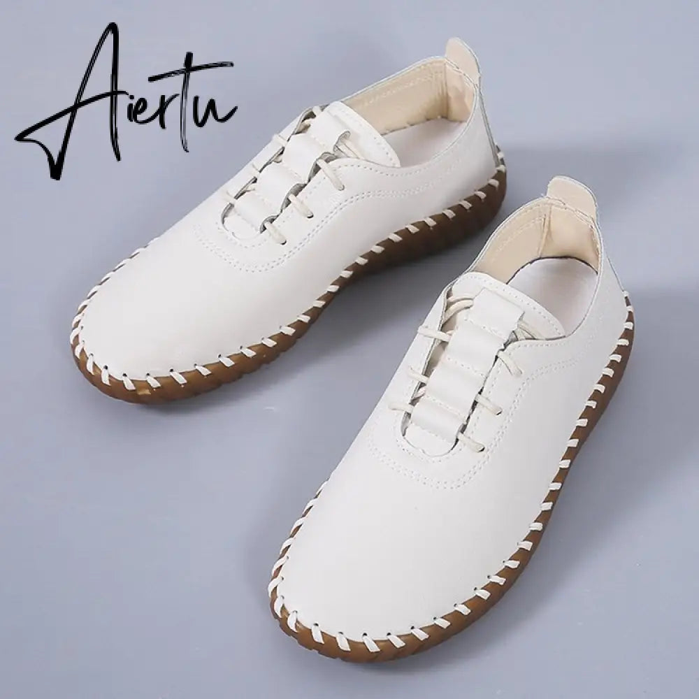 Soft Sole Hollow Single Shoes Women Vintage Leather Low Heels Casual Shoes Woman Outdoor Lace Up Non Slip Loafers Aiertu