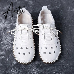 Soft Sole Hollow Single Shoes Women Vintage Leather Low Heels Casual Shoes Woman Outdoor Lace Up Non Slip Loafers Aiertu