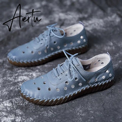 Soft Sole Hollow Single Shoes Women Vintage Leather Low Heels Casual Shoes Woman Outdoor Lace Up Non Slip Loafers Aiertu