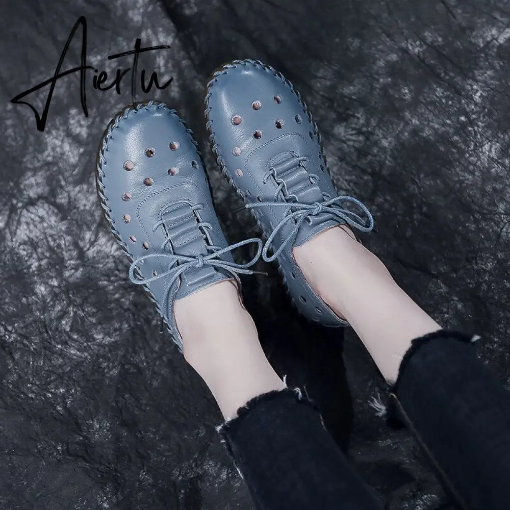 Soft Sole Hollow Single Shoes Women Vintage Leather Low Heels Casual Shoes Woman Outdoor Lace Up Non Slip Loafers Aiertu