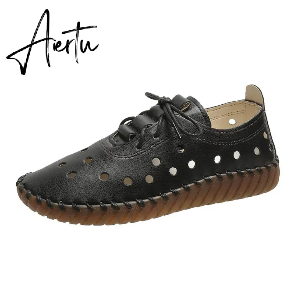 Soft Sole Hollow Single Shoes Women Vintage Leather Low Heels Casual Shoes Woman Outdoor Lace Up Non Slip Loafers Aiertu
