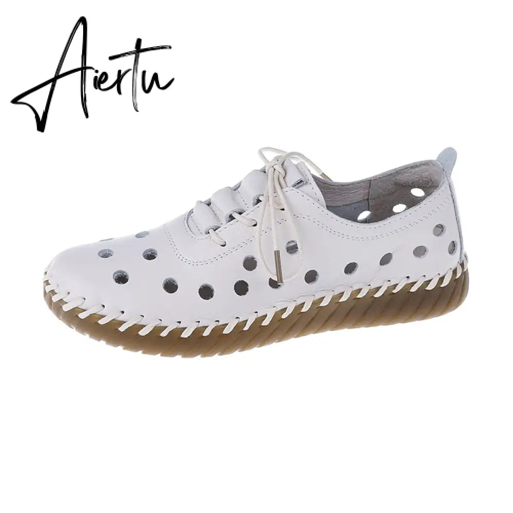 Soft Sole Hollow Single Shoes Women Vintage Leather Low Heels Casual Shoes Woman Outdoor Lace Up Non Slip Loafers Aiertu