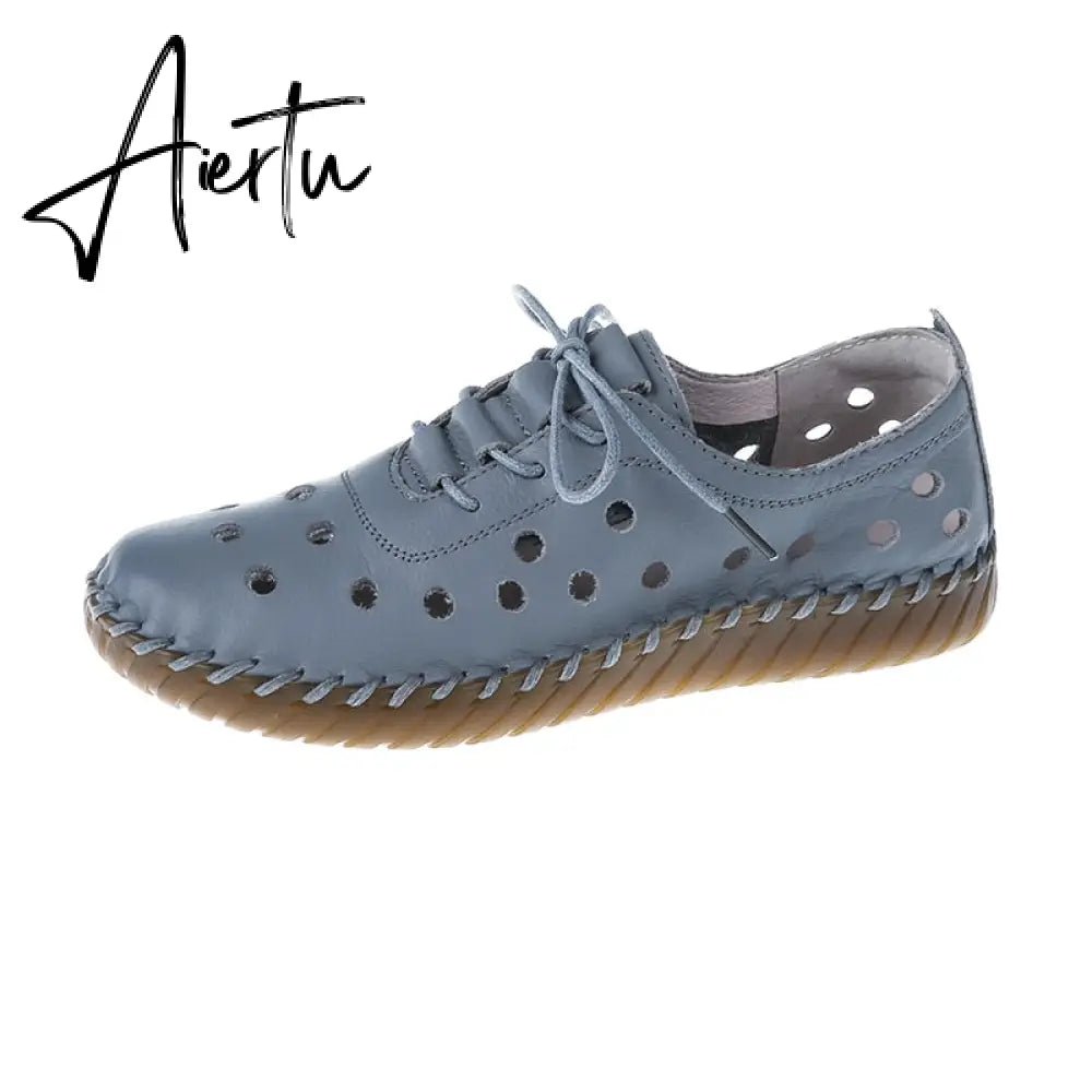 Soft Sole Hollow Single Shoes Women Vintage Leather Low Heels Casual Shoes Woman Outdoor Lace Up Non Slip Loafers Aiertu