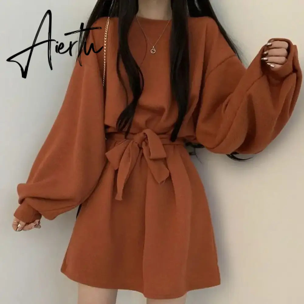 Solid Dresses Women Above Knee S-3XL Clothes Baggy Minimalist High Street Autumn French Girlish Teens Fashion Personal Sweet Ins Aiertu