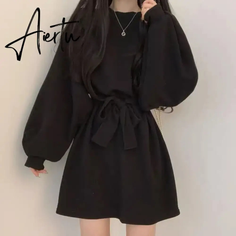 Solid Dresses Women Above Knee S-3XL Clothes Baggy Minimalist High Street Autumn French Girlish Teens Fashion Personal Sweet Ins Aiertu