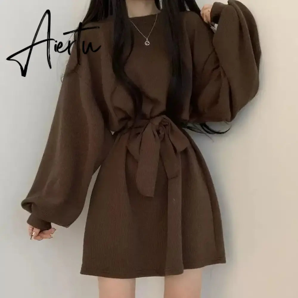 Solid Dresses Women Above Knee S-3XL Clothes Baggy Minimalist High Street Autumn French Girlish Teens Fashion Personal Sweet Ins Aiertu