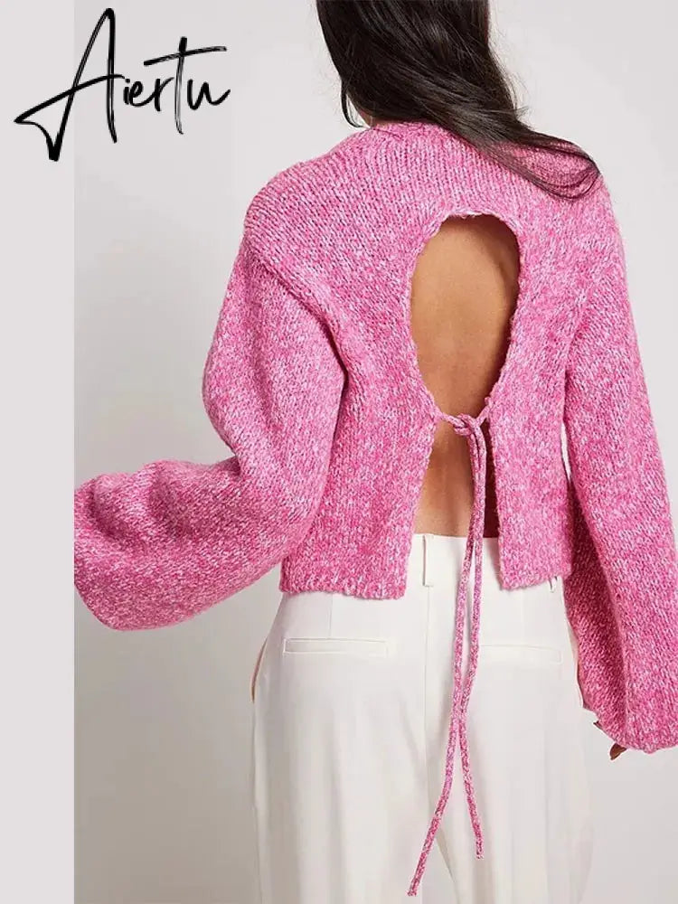 Solid Knit O-neck Back Cut Out Women Sweaters Oversized Lace-up Long Sleeve Crop Top Knitwear Autumn Chic Sexy Highstreet Cloth Aiertu