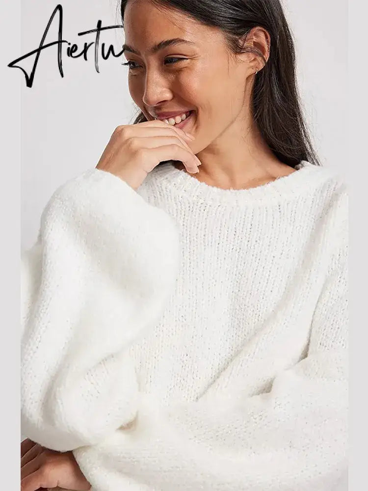 Solid Knit O-neck Back Cut Out Women Sweaters Oversized Lace-up Long Sleeve Crop Top Knitwear Autumn Chic Sexy Highstreet Cloth Aiertu