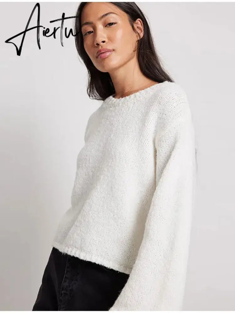 Solid Knit O-neck Back Cut Out Women Sweaters Oversized Lace-up Long Sleeve Crop Top Knitwear Autumn Chic Sexy Highstreet Cloth Aiertu