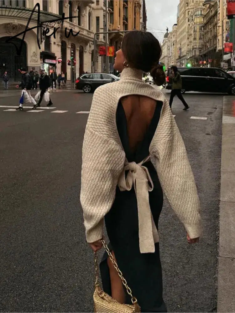 Solid Knit O-neck Back Cut Out Women Sweaters Oversized Lace-up Long Sleeve Crop Top Knitwear Autumn Chic Sexy Highstreet Cloth Aiertu