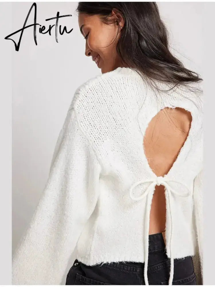 Solid Knit O-neck Back Cut Out Women Sweaters Oversized Lace-up Long Sleeve Crop Top Knitwear Autumn Chic Sexy Highstreet Cloth Aiertu