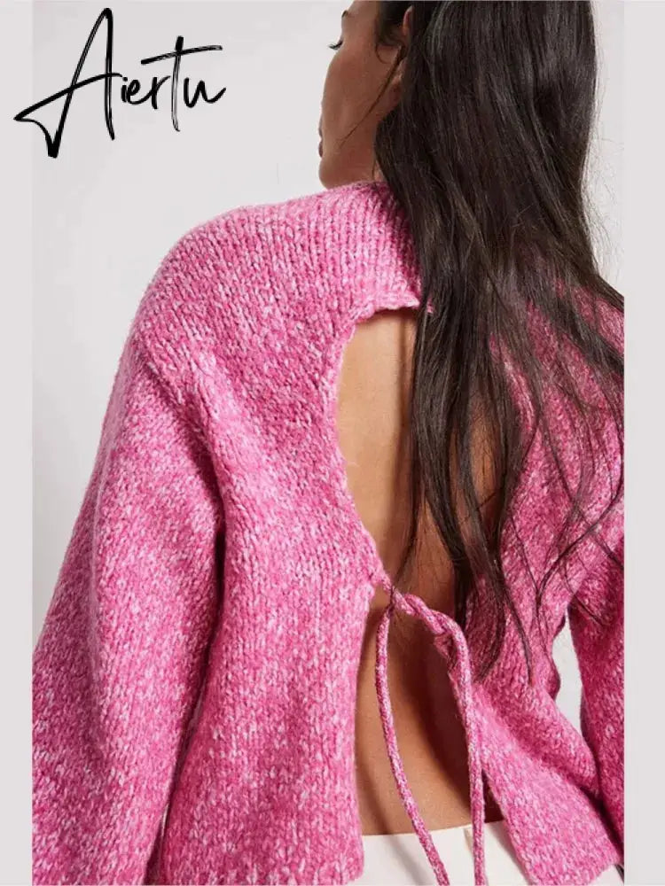 Solid Knit O-neck Back Cut Out Women Sweaters Oversized Lace-up Long Sleeve Crop Top Knitwear Autumn Chic Sexy Highstreet Cloth Aiertu
