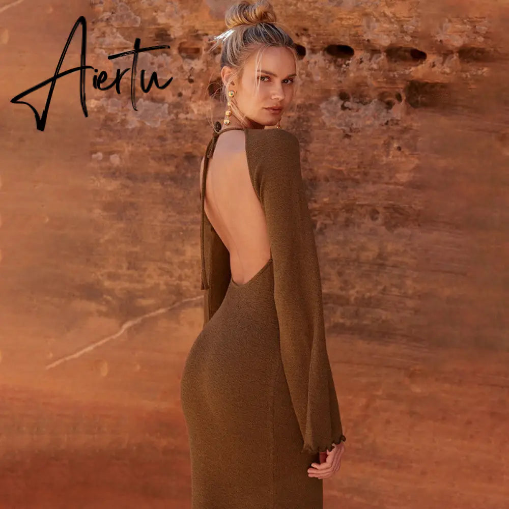 Solid knitted open back flared long sleeve maxi dress elegant sexy clothes for women  fall resort wear Aiertu