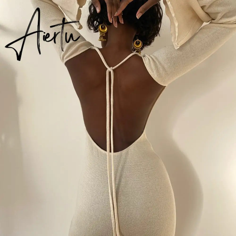 Solid knitted open back flared long sleeve maxi dress elegant sexy clothes for women  fall resort wear Aiertu