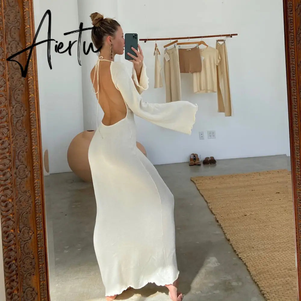 Solid knitted open back flared long sleeve maxi dress elegant sexy clothes for women  fall resort wear Aiertu