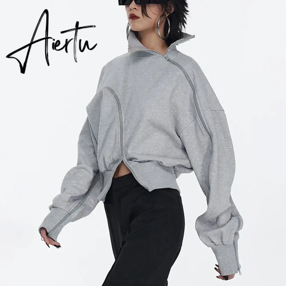 Solid Patchwork Zipper Streetwear Sweatshirts For Women Tuntleneck Long Sleeve Pullover Sweatshirt Female Fahion Aiertu