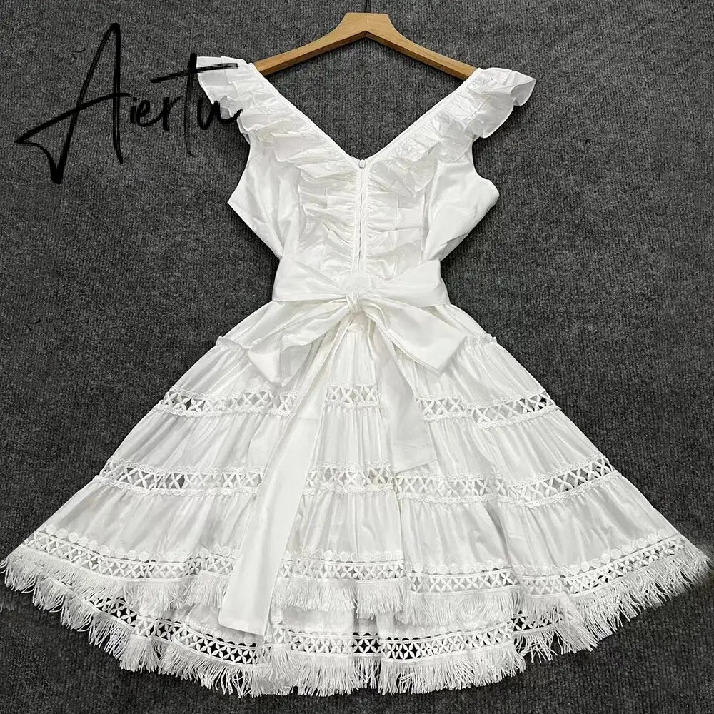 Solid Slim Dresses For Women V Neck Sleeveless High Waist Spliced Edible Tree Fungus Summer Mini Dress Female Clothing Aiertu