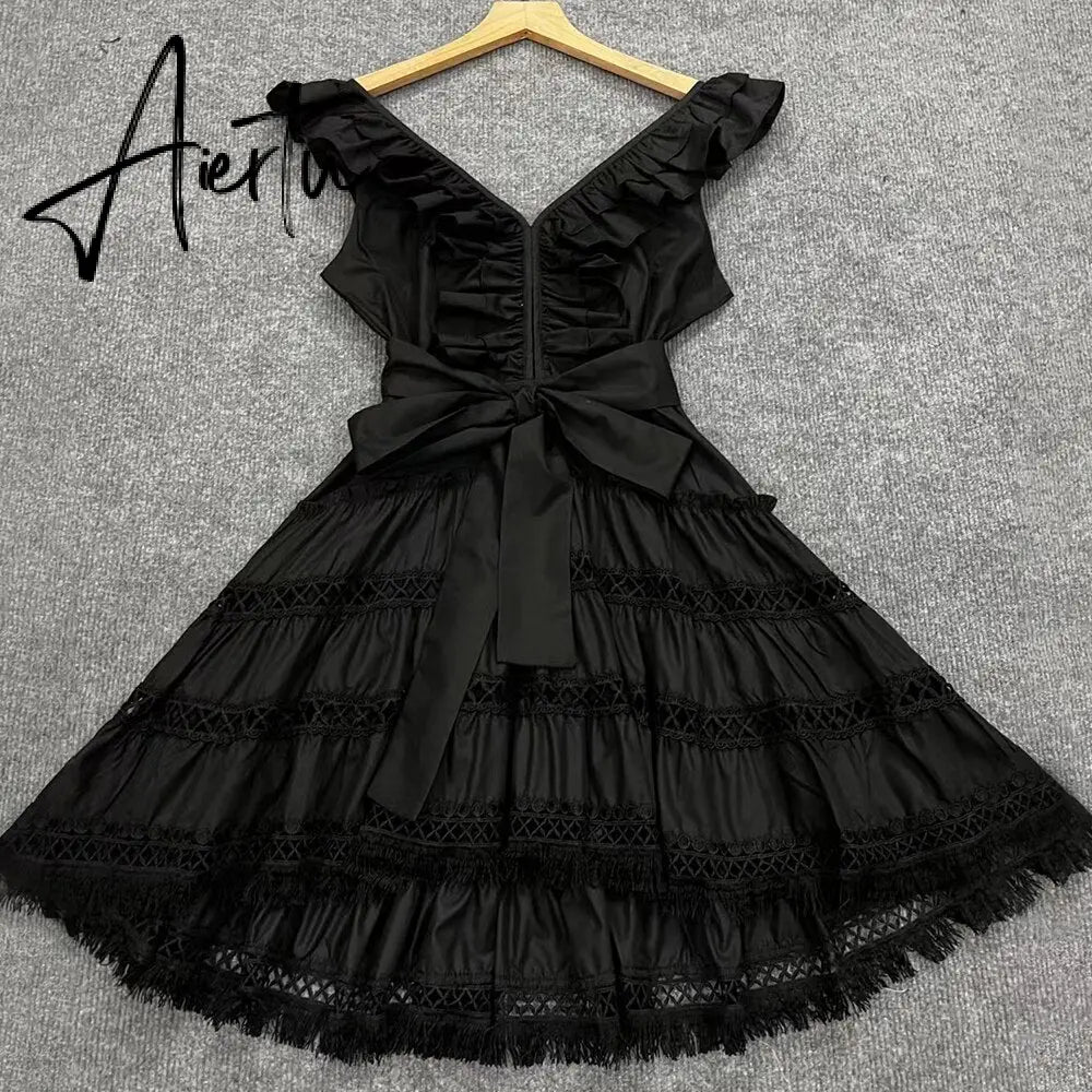Solid Slim Dresses For Women V Neck Sleeveless High Waist Spliced Edible Tree Fungus Summer Mini Dress Female Clothing Aiertu