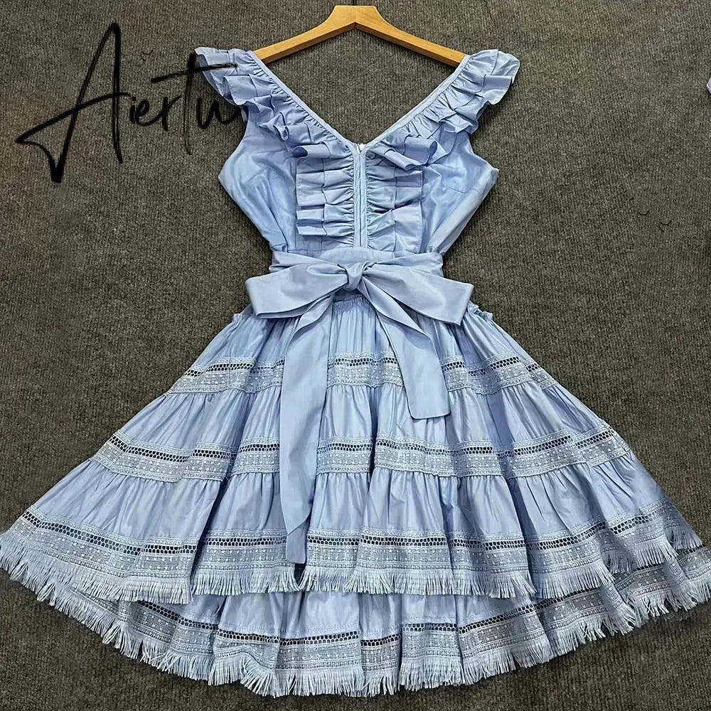Solid Slim Dresses For Women V Neck Sleeveless High Waist Spliced Edible Tree Fungus Summer Mini Dress Female Clothing Aiertu