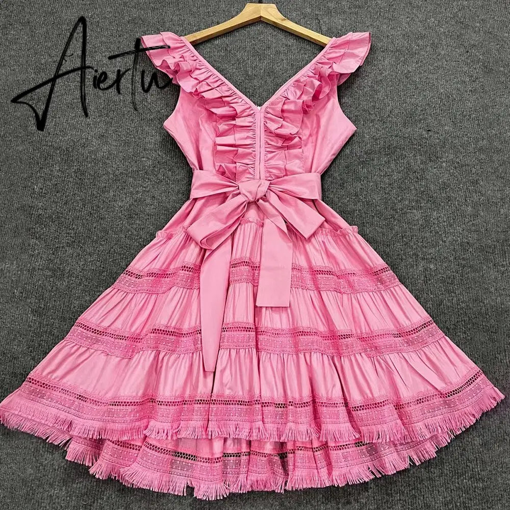 Solid Slim Dresses For Women V Neck Sleeveless High Waist Spliced Edible Tree Fungus Summer Mini Dress Female Clothing Aiertu