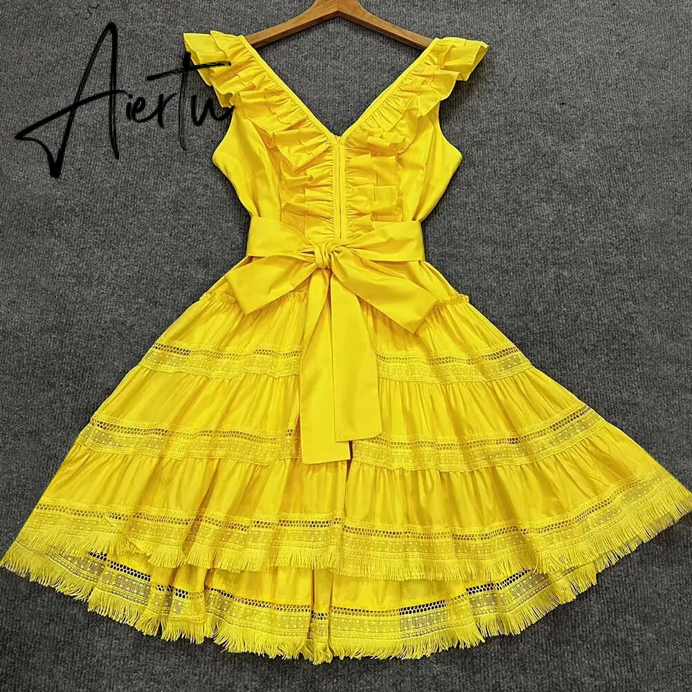 Solid Slim Dresses For Women V Neck Sleeveless High Waist Spliced Edible Tree Fungus Summer Mini Dress Female Clothing Aiertu