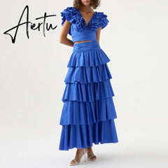 Solid Two Piece Sets For Women V Neck Butterfly Sleeve Folds Crop Tops High Waist Tierred Pleated Skirt Casual Set Female Aiertu