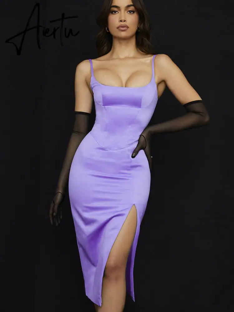 Solid With Integrated Corset And Gloves Satin Slip Sexy Maxi Dress Fall Slim Party Club Elegant Streetwear Outfit Aiertu
