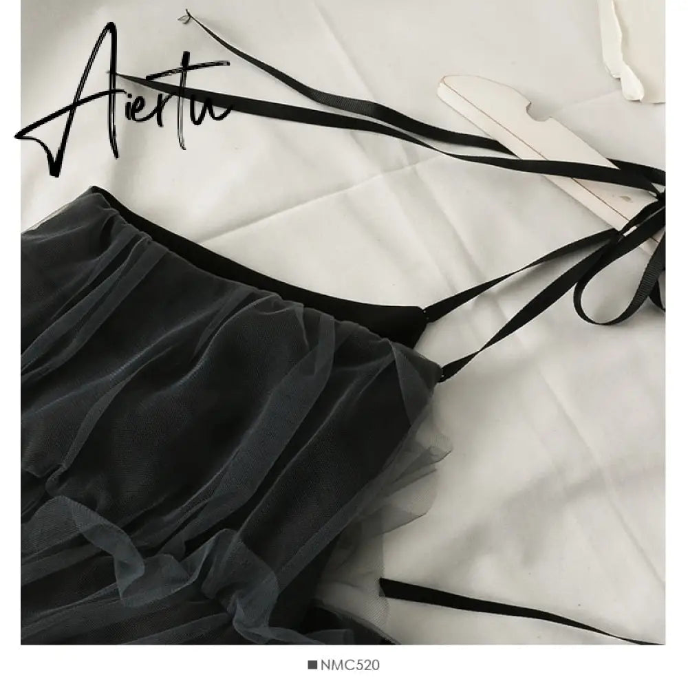 Spaghetti Strap Dress Black Sweet Princess High Waist A-line Sexy Mini Dress Puffy Vintage Mesh Dress Sundress  Women Clothing Aiertu