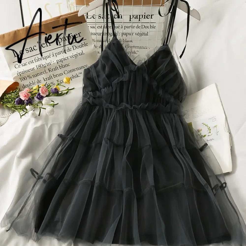 Spaghetti Strap Dress Black Sweet Princess High Waist A-line Sexy Mini Dress Puffy Vintage Mesh Dress Sundress  Women Clothing Aiertu
