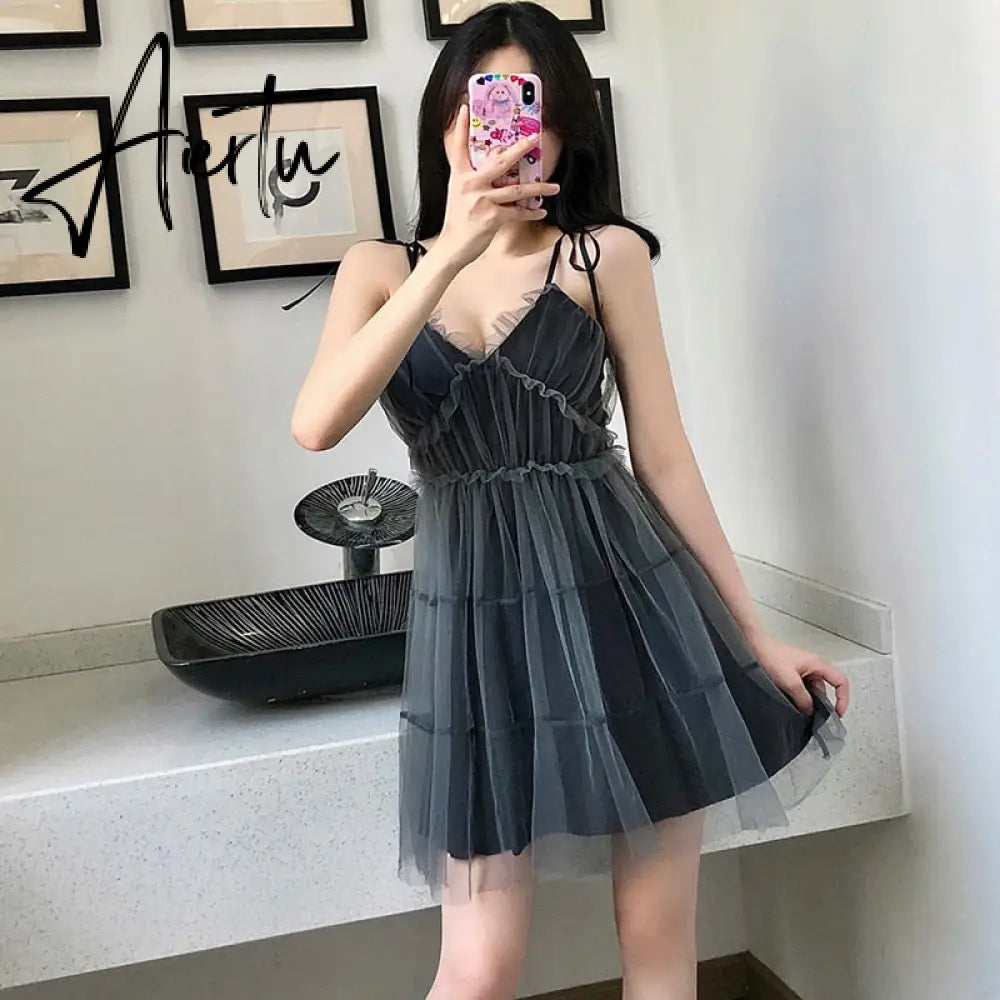 Spaghetti Strap Dress Black Sweet Princess High Waist A-line Sexy Mini Dress Puffy Vintage Mesh Dress Sundress  Women Clothing Aiertu