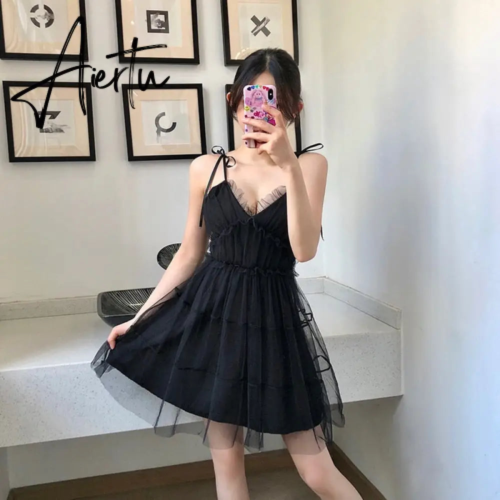 Spaghetti Strap Dress Black Sweet Princess High Waist A-line Sexy Mini Dress Puffy Vintage Mesh Dress Sundress  Women Clothing Aiertu