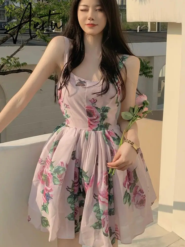 Spaghetti Strap Dress Summer Blooming Floral Print Ruffles Mini Slip Dress Women Chic  Lady Sleeveless Beach Dress Sundress Aiertu