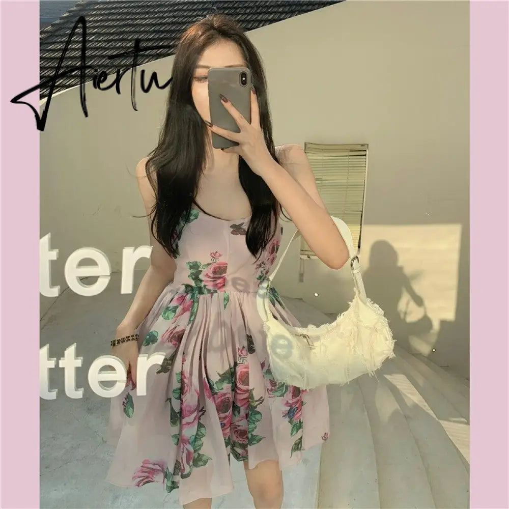 Spaghetti Strap Dress Summer Blooming Floral Print Ruffles Mini Slip Dress Women Chic  Lady Sleeveless Beach Dress Sundress Aiertu