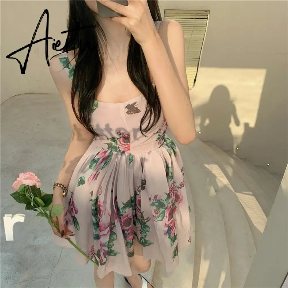Spaghetti Strap Dress Summer Blooming Floral Print Ruffles Mini Slip Dress Women Chic  Lady Sleeveless Beach Dress Sundress Aiertu