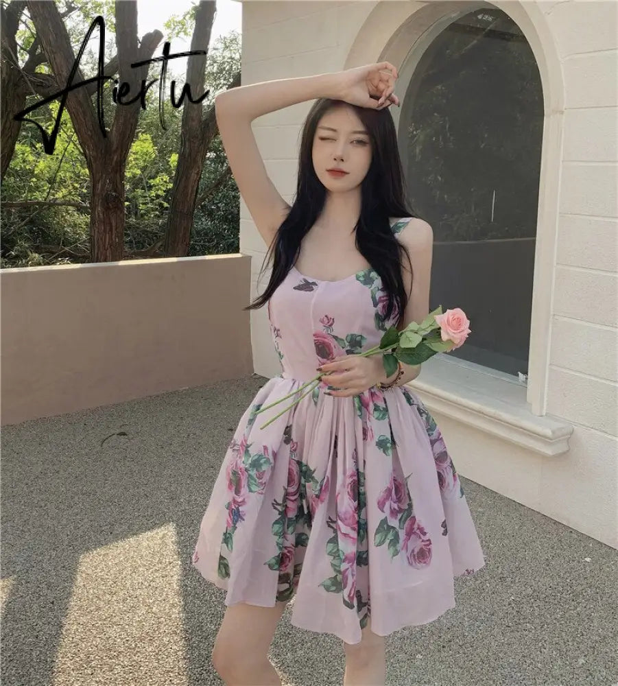 Spaghetti Strap Dress Summer Blooming Floral Print Ruffles Mini Slip Dress Women Chic  Lady Sleeveless Beach Dress Sundress Aiertu