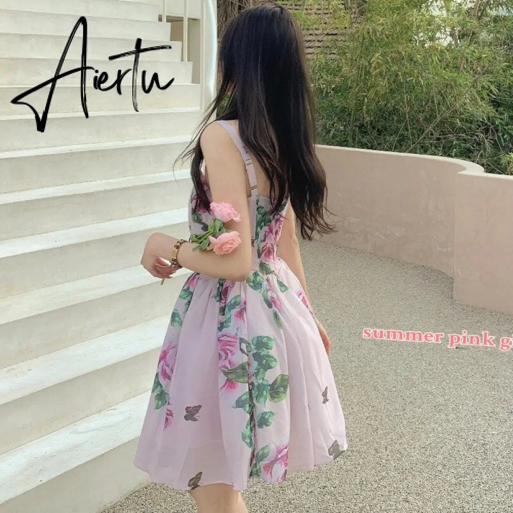 Spaghetti Strap Dress Summer Blooming Floral Print Ruffles Mini Slip Dress Women Chic  Lady Sleeveless Beach Dress Sundress Aiertu