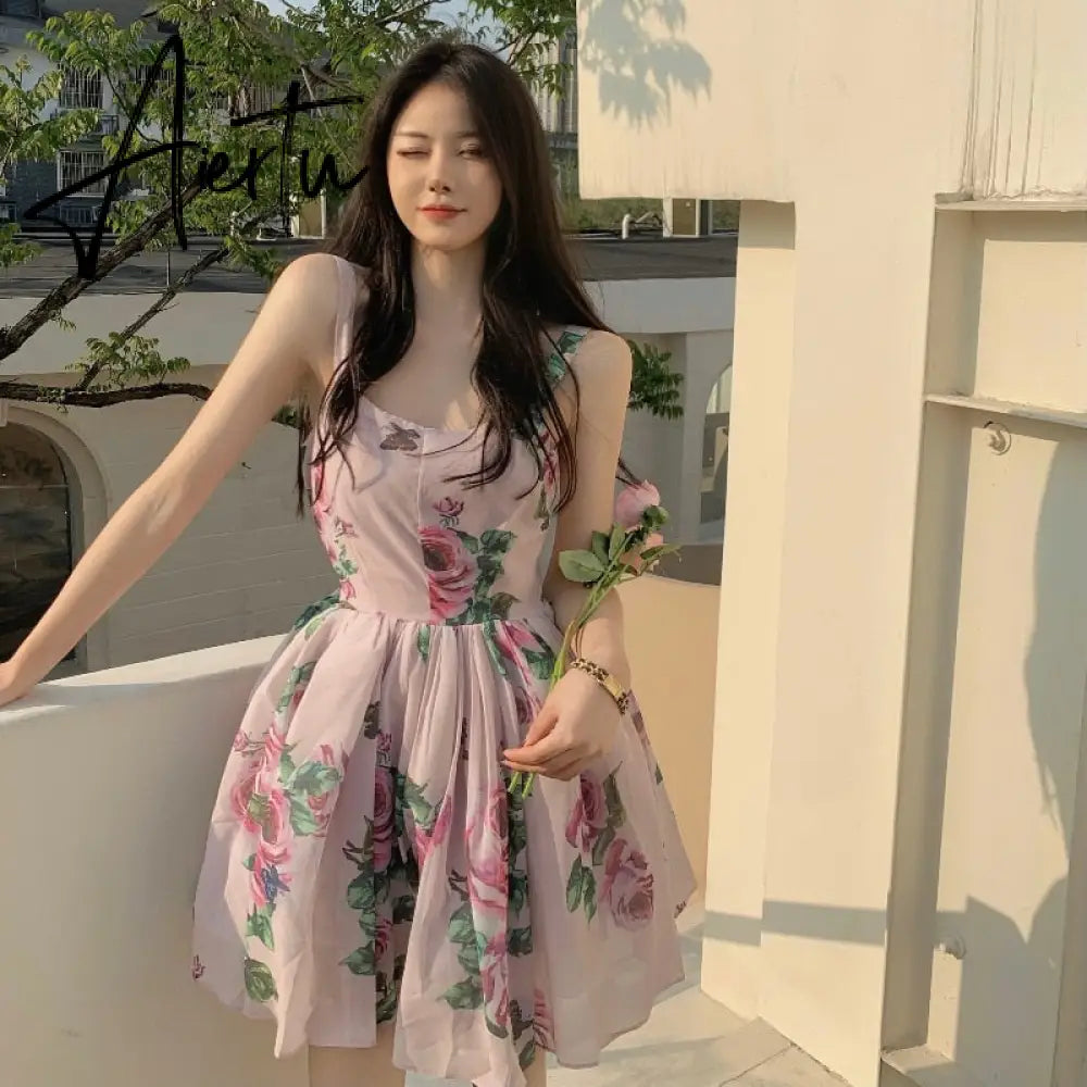 Spaghetti Strap Dress Summer Blooming Floral Print Ruffles Mini Slip Dress Women Chic  Lady Sleeveless Beach Dress Sundress Aiertu