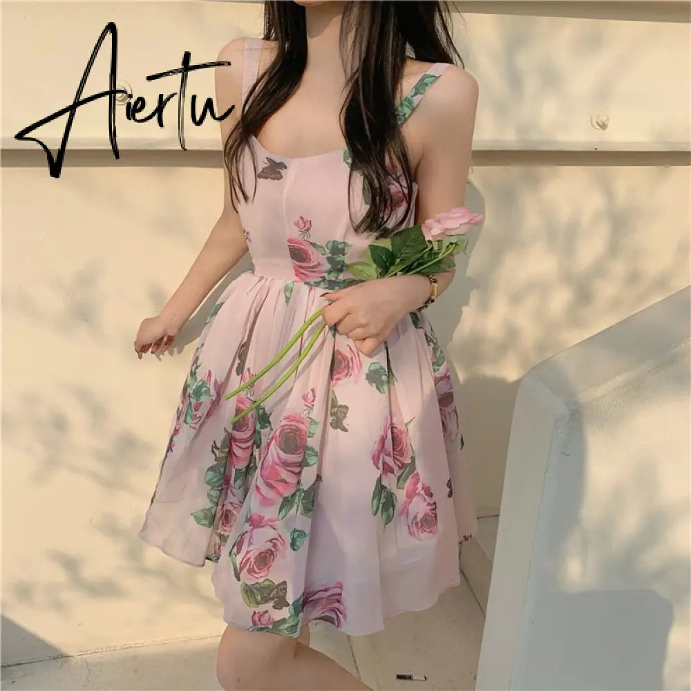 Spaghetti Strap Dress Summer Blooming Floral Print Ruffles Mini Slip Dress Women Chic  Lady Sleeveless Beach Dress Sundress Aiertu