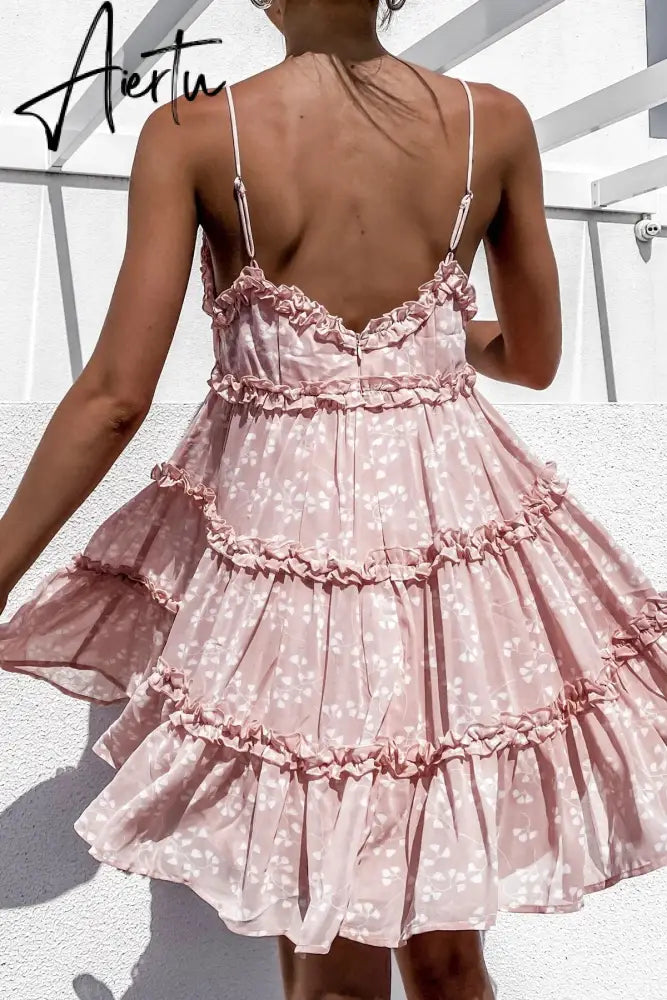 Spaghetti Strap Floral Sundress Women Lace Trim Mini A-Line Dress Summer Prairie Chic Lady Flared Ruffled Short Dress Summer Aiertu