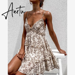 Spaghetti Strap Floral Sundress Women Lace Trim Mini A-Line Dress Summer Prairie Chic Lady Flared Ruffled Short Dress Summer Aiertu