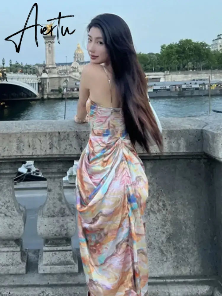 Spaghetti Strap Party Dresses For Women  Summer New Irregular Print Ruched Sleeveless Slim Waist Midi Dress Vestidos Aiertu