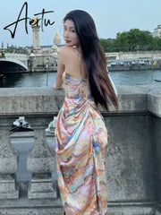 Spaghetti Strap Party Dresses For Women  Summer New Irregular Print Ruched Sleeveless Slim Waist Midi Dress Vestidos Aiertu