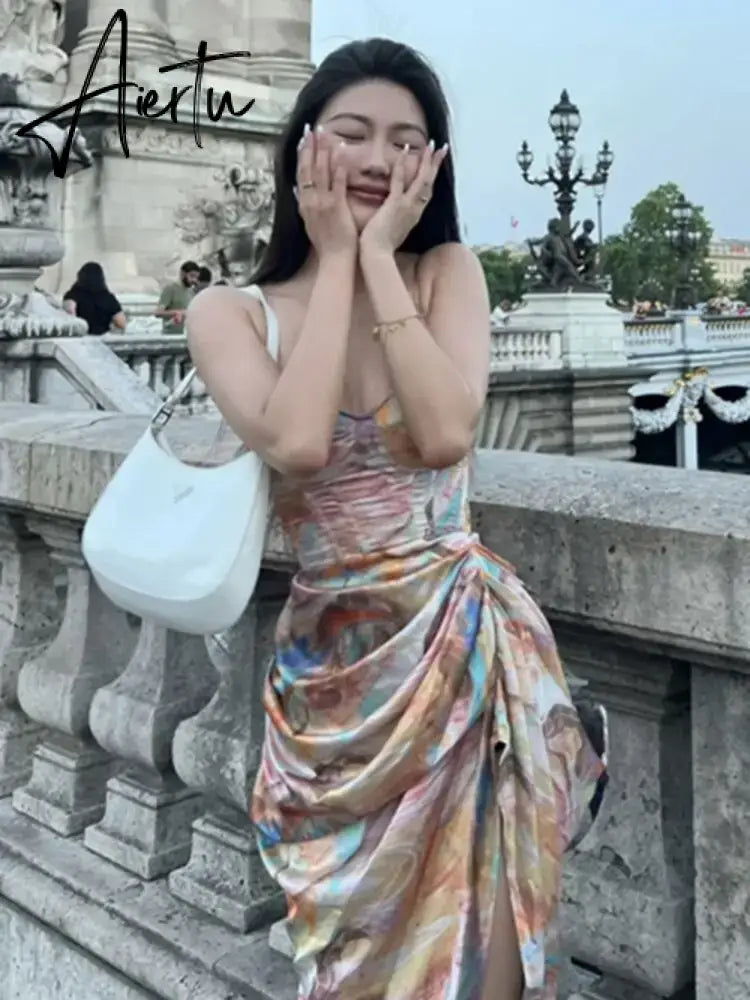Spaghetti Strap Party Dresses For Women  Summer New Irregular Print Ruched Sleeveless Slim Waist Midi Dress Vestidos Aiertu